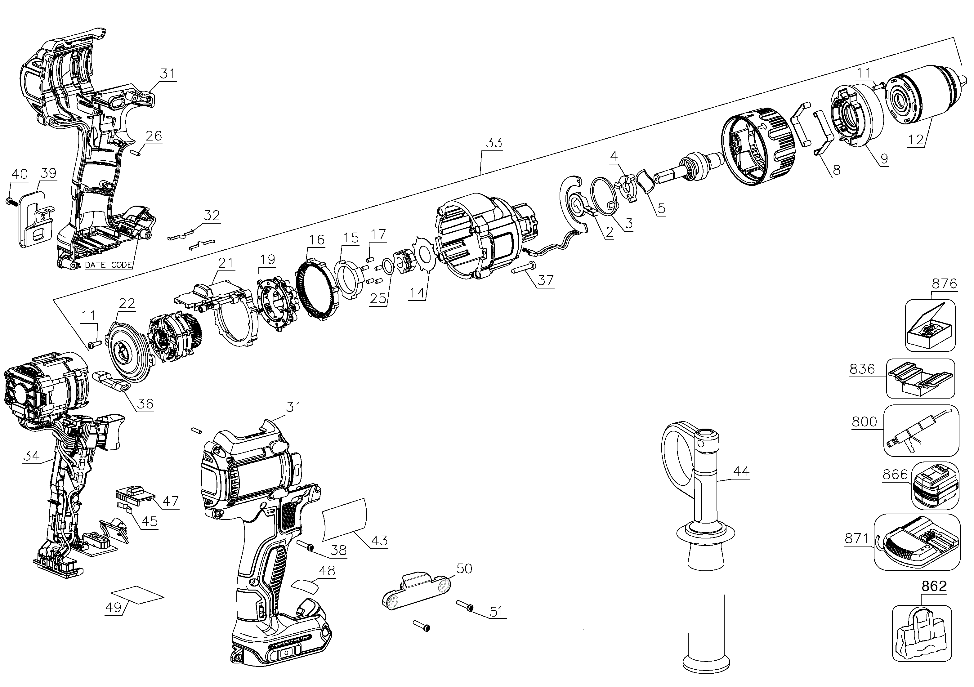 Hammer drill parts diagram example annotated exploded view